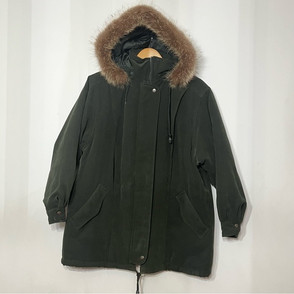 Bromley Coat Women's Raccoon Fur Trimmed Sz M Full‎ Zip Hooded Gorpcore Mom - Picture 1 of 10